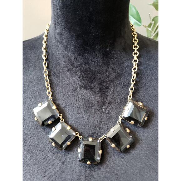 Women J Crew Black Faceted Glass Necklace Gold Tone Foldover Clasp - Picture 1 of 5